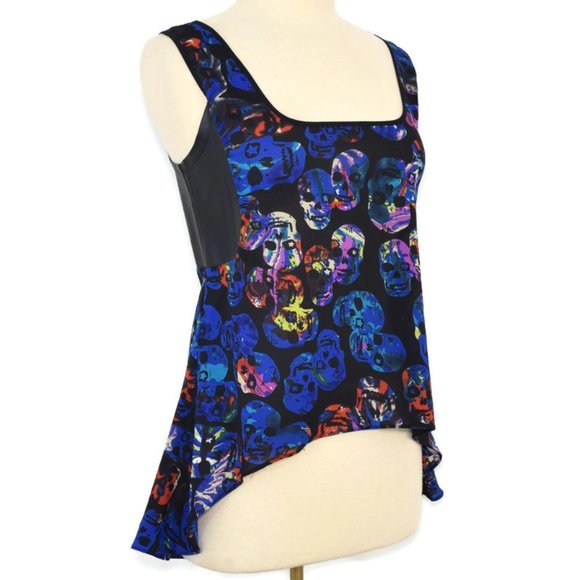 Spoon Jeans Sugar Skull High Low Peplum Tank Top Blouse Neon Colors Blue Black M - Picture 2 of 14